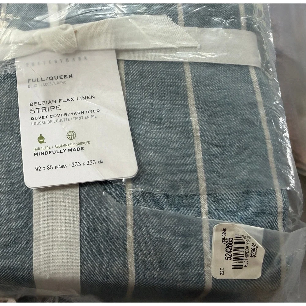 Pottery Barn Belgian Flax Linen Stripe Duvet Cover Full Queen Blue White NEW
